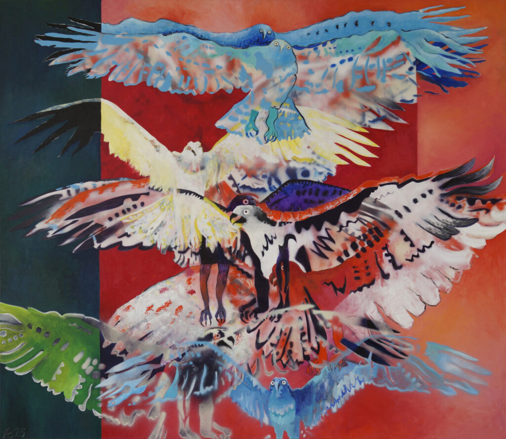 SchlangenAdlerflug_2025_Acrylspray und Öl auf Leinwand130x150 cm