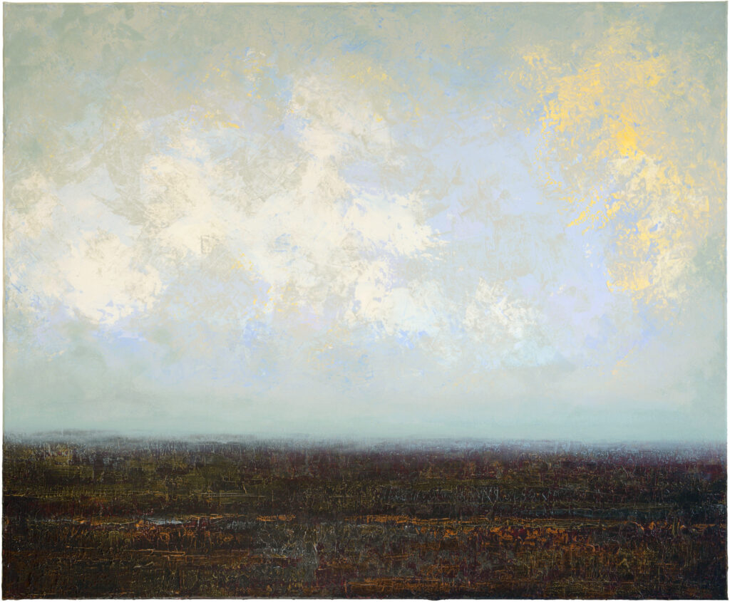 Wulf Winckelmann: 
»Heidelandschaft im Morgendunst« (#1304), 2021. Mixed media on canvas, 90 x 110 cm.